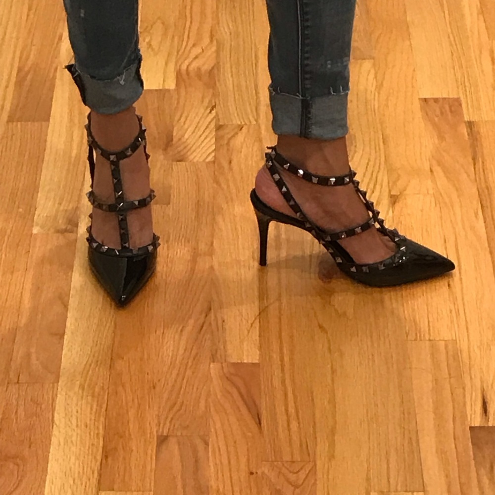 Kaitlyn Pan studded ankle strap patent heels
